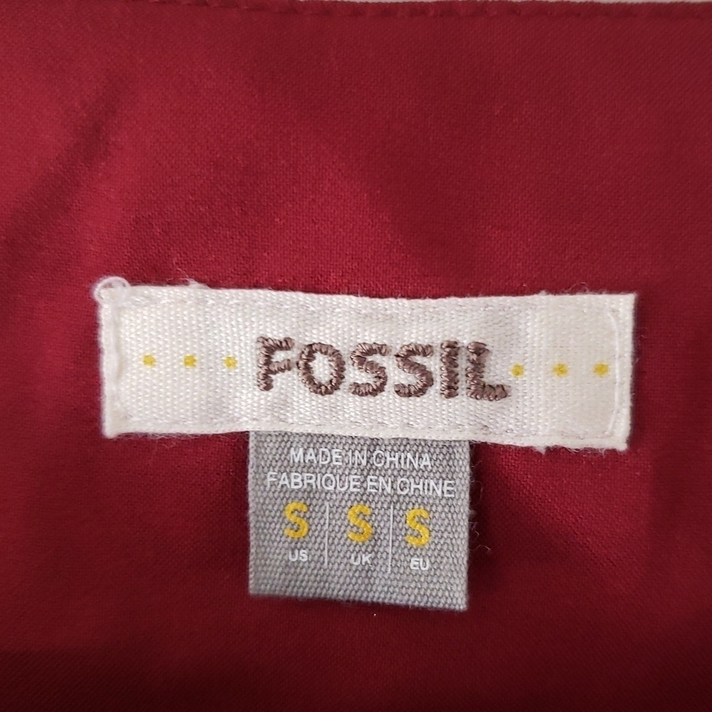 Fossil 100% Silk Mini Shift Dress Small Red Feather Print Boho Artsy Lightweight - Picture 9 of 14
